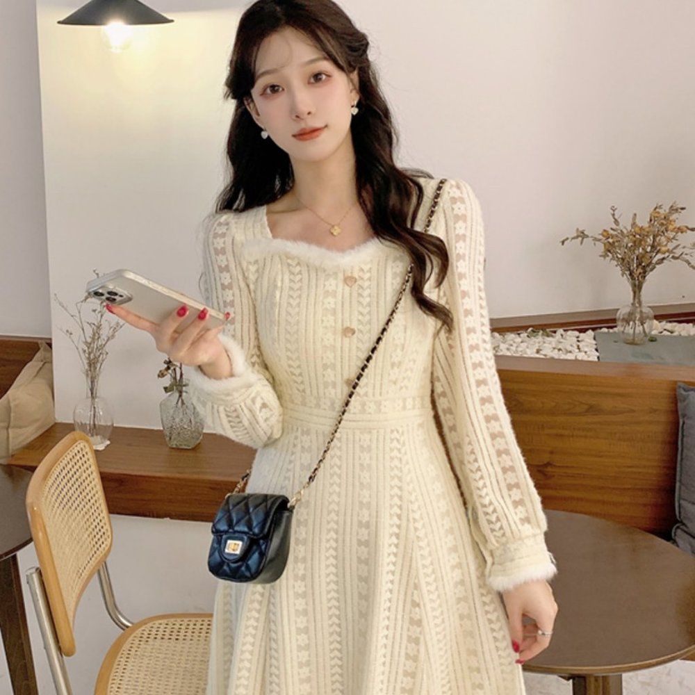 Rio Fur-lined Lace Cut-out Midi Dress | Women Retro  Office School Casual #1262